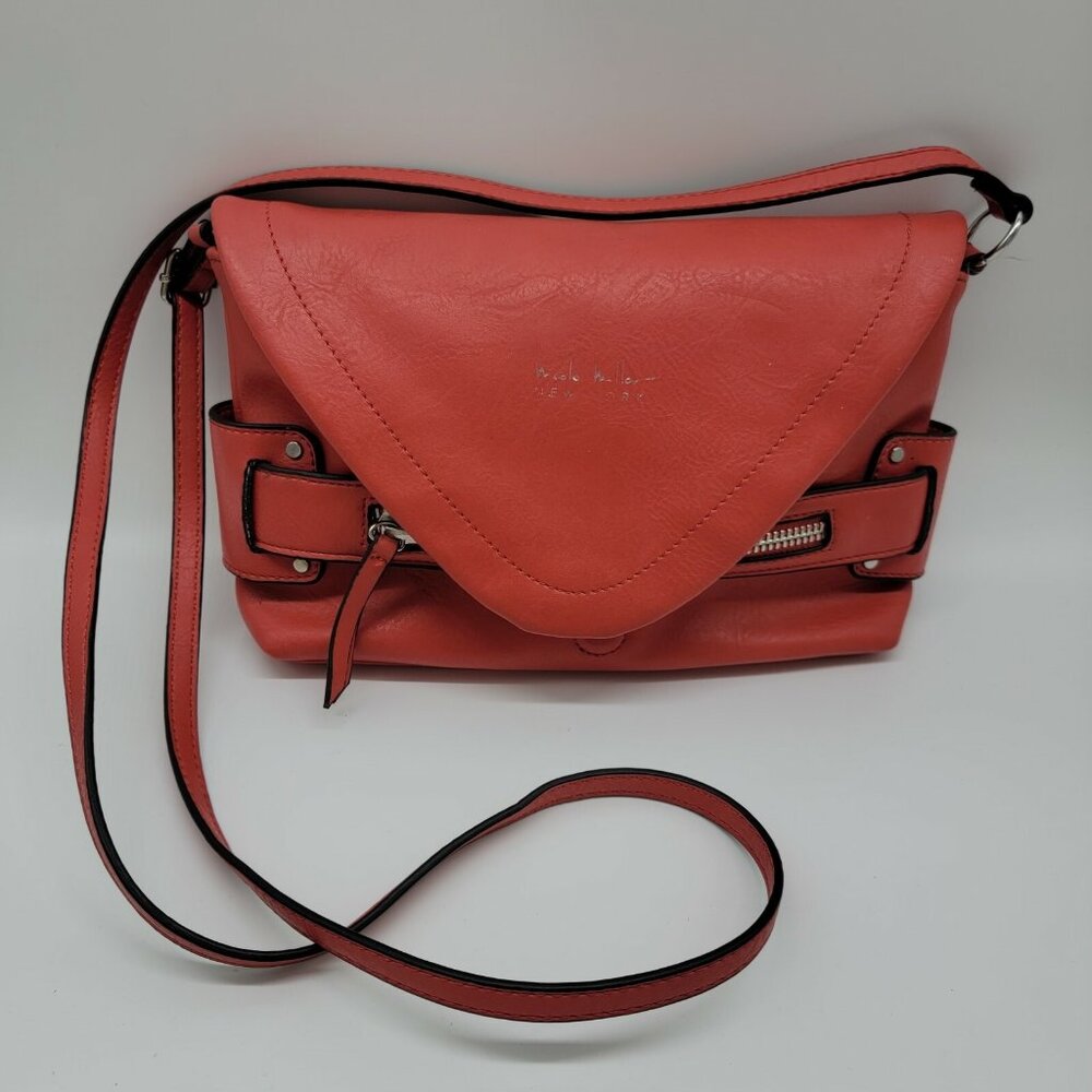 Nicole Miller Red Faux Leather W/ Foldover Flap Crossbody Purse